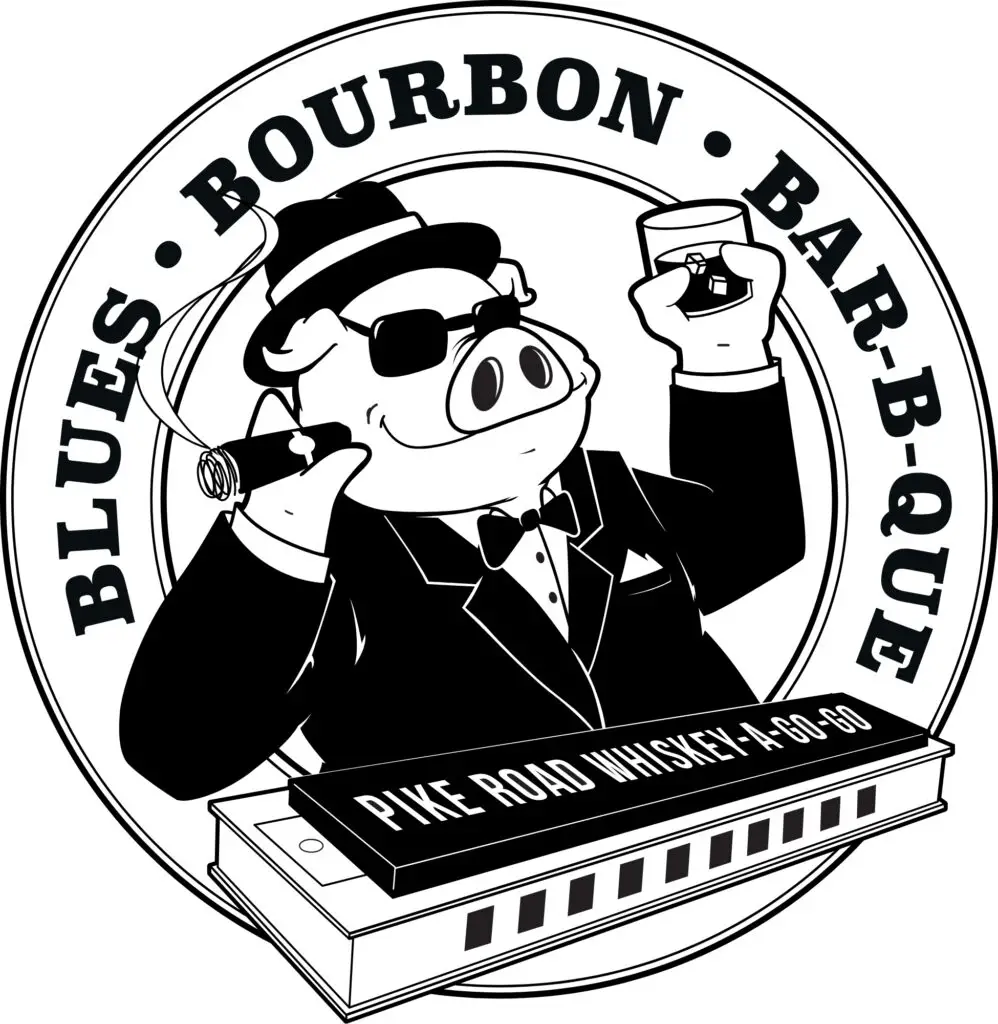 Pig in tuxedo holding whiskey